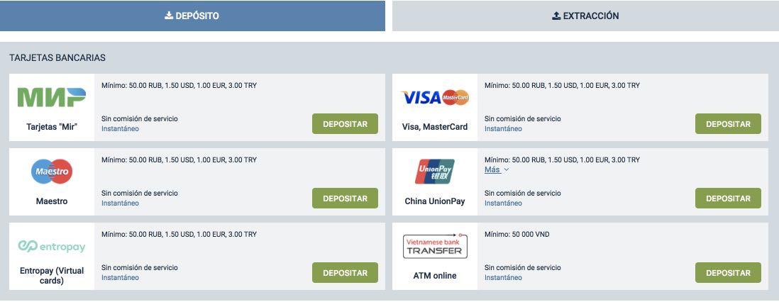 1XBET métodos de pago