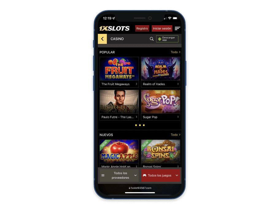Vista previa del casino online 1xslots en el móvil