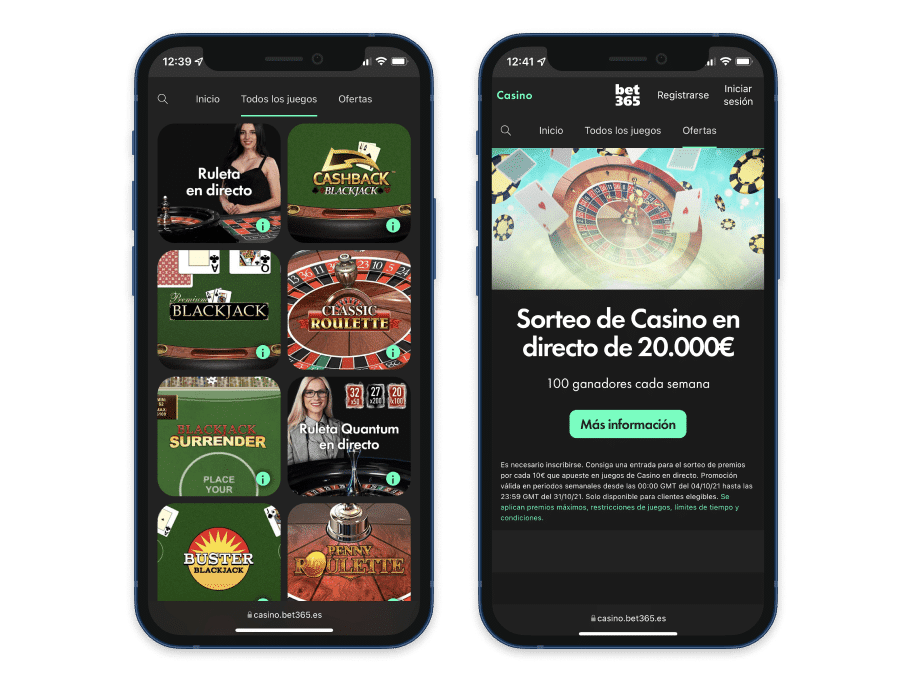 Vista previa del casino online Bet365 en el móvil