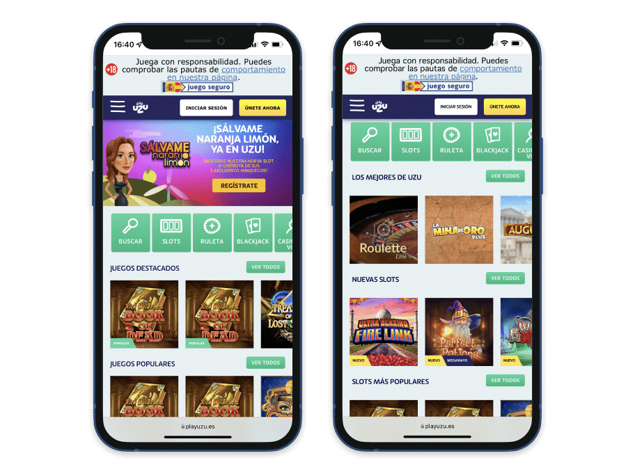 Vista previa del casino online PlayUZU en el móvil