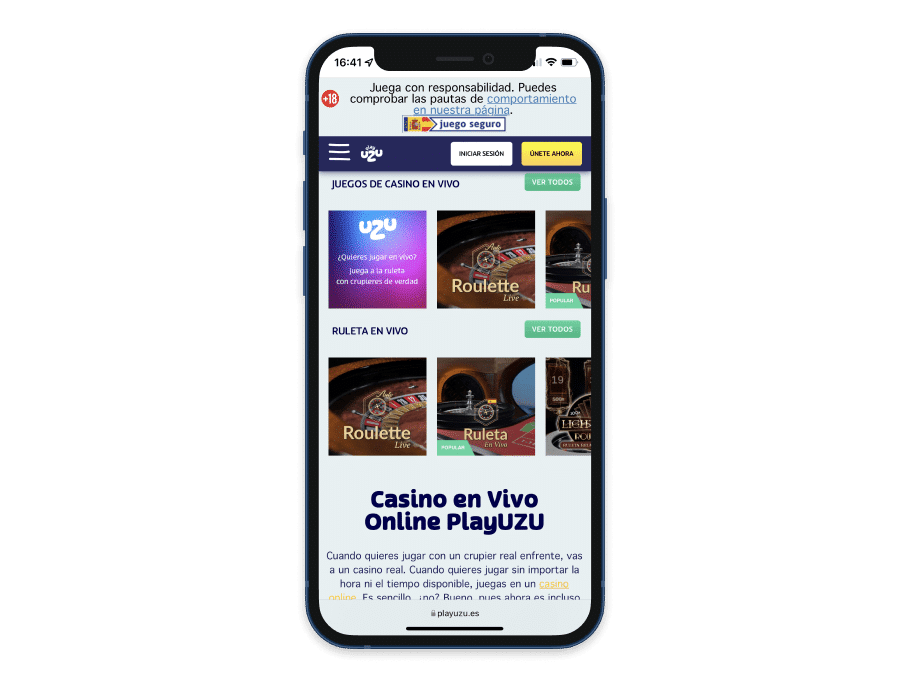 Vista previa del casino online PlayUZU en el móvil