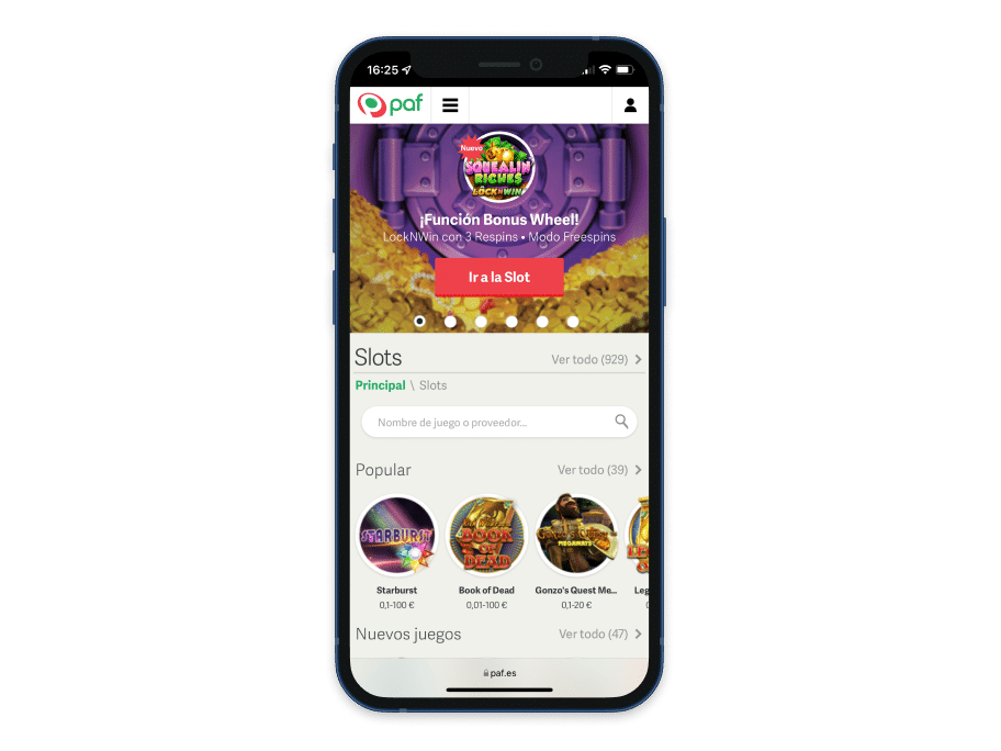 Vista previa del casino online Paf en el móvil