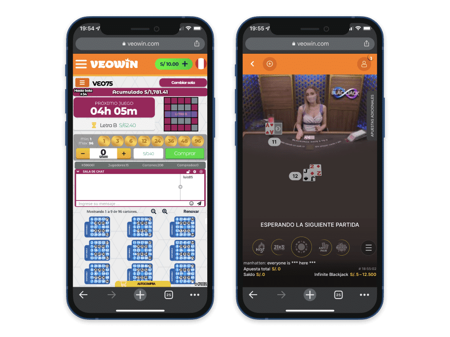 Vista previa del casino online VeoWin en el móvil