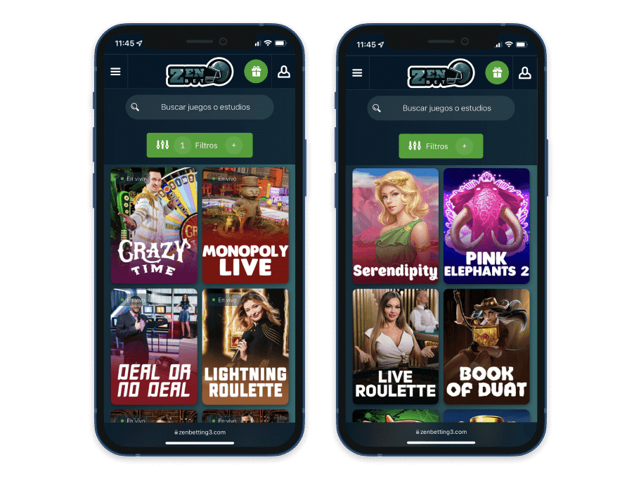 Vista previa del casino online ZenBetting en el móvil