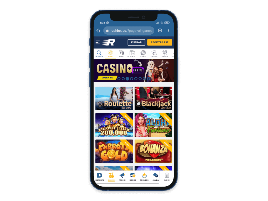 Vista previa del casino online Rushbet en el móvil