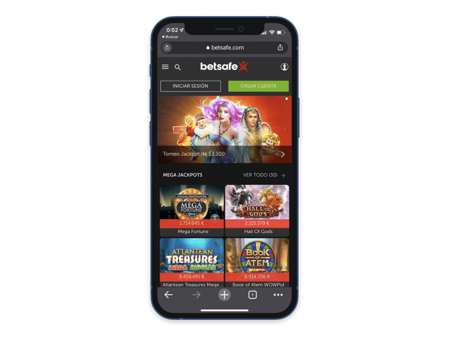 Vista previa del casino online Betsafe en el móvil