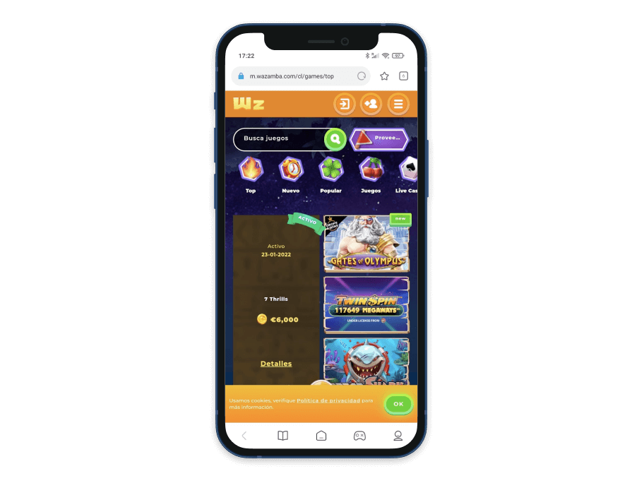 Vista previa del casino online Wazamba en el móvil