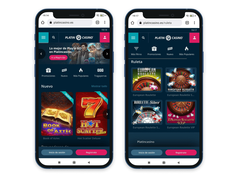 Vista previa del casino online Platin Casino en el móvil