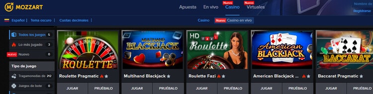 el catálogo de juegos online del casino mozzartbet