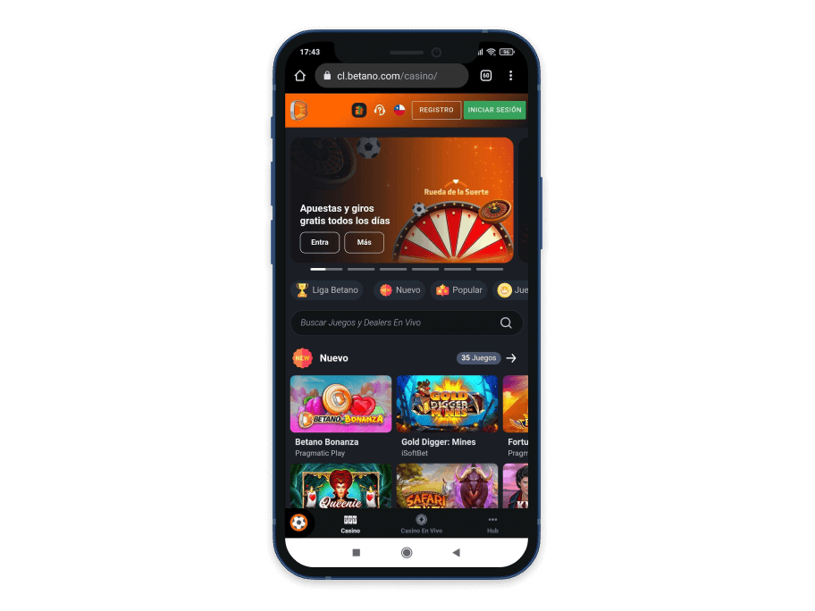 Vista previa del casino online Betano en el móvil