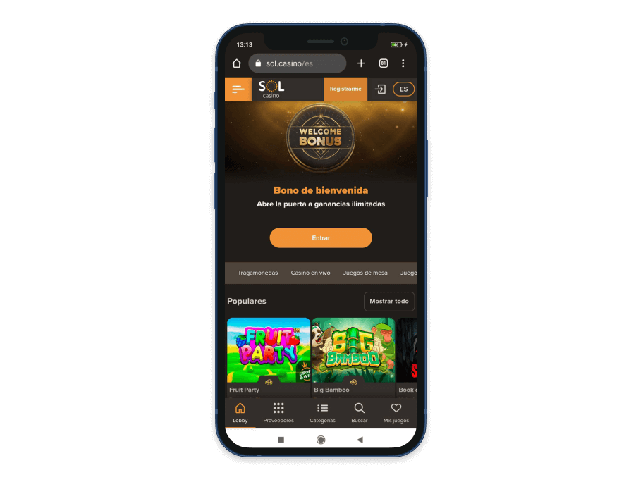 Vista previa del casino online Sol en el móvil