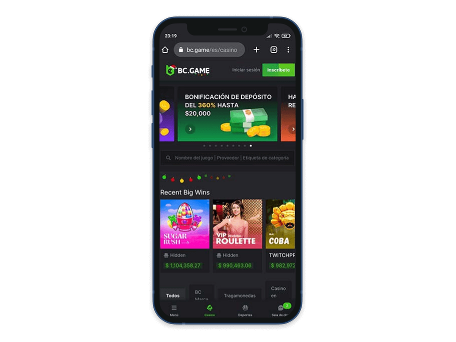 Casino online Bc.Game vista previa en móvil